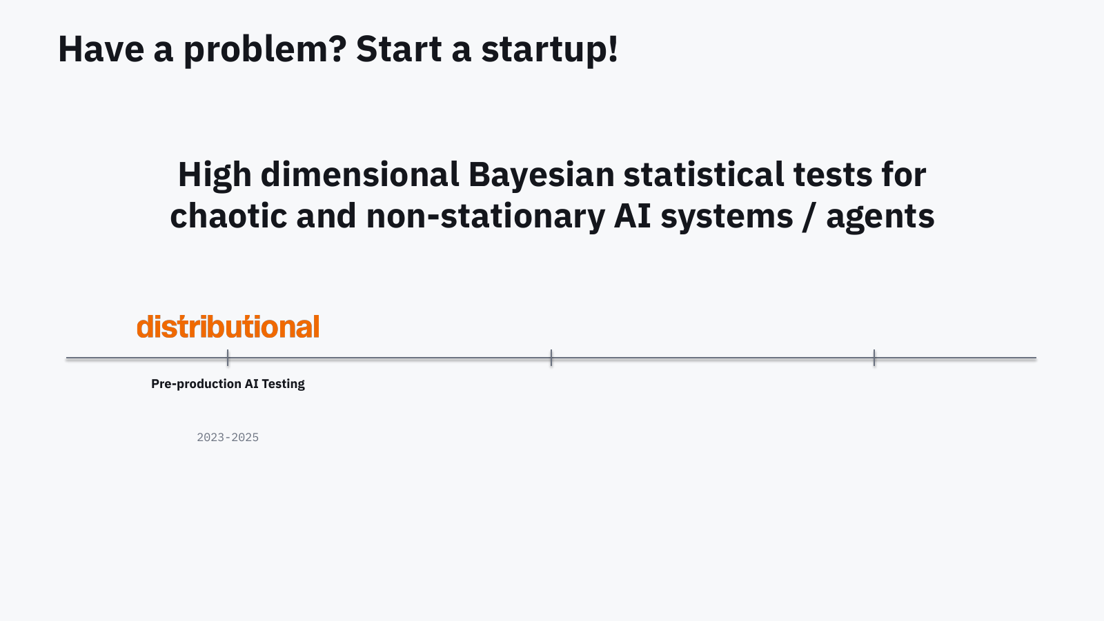 Slide: Distributional attempt one, pre-production AI testing, 2023 to 2025: high dimensional Bayesian statistical tests for chaotic and non-stationary AI systems and agents.